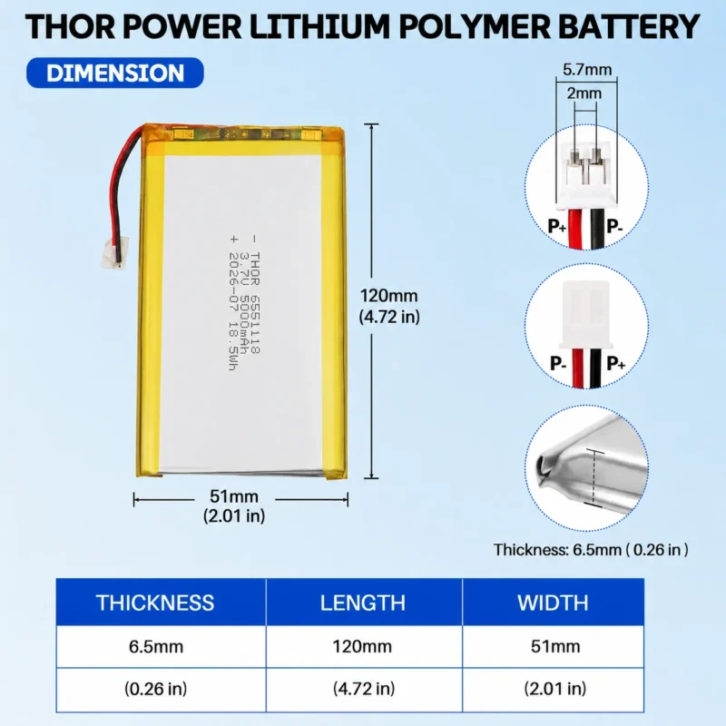 THOR 6551118 3.7V 5000mAh LiPo battery dimension drawing showing T×W×L = 6.5×51×120 mm (with PCM) and 2-pin connector polarity