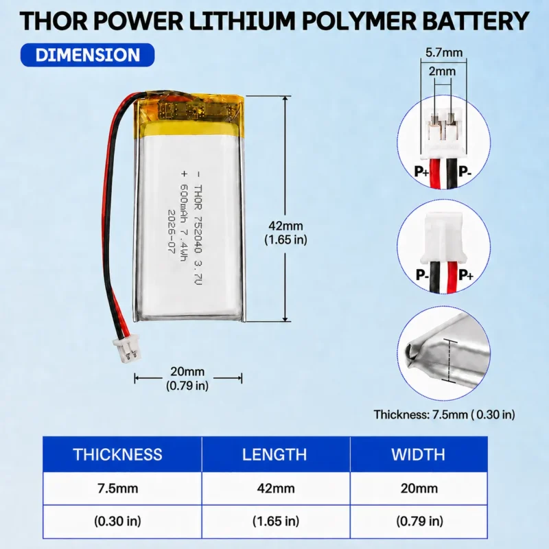 THOR 752040 3.7V 600mAh LiPo battery dimension drawing showing T×W×L = 7.5 × 20 × 42 mm (with PCM) and 2-pin connector polarity