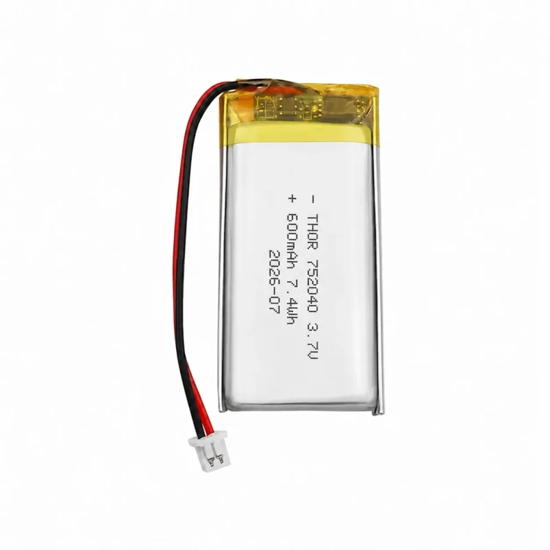 THOR 752040 3.7V 600mAh lithium polymer battery with PCM protection, red and black lead wires, and 2-pin connector