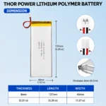 THOR 8040135 3.7V 5000mAh LiPo battery dimension drawing showing T×W×L = 8.0×40×137 mm (with PCM) and 2-pin connector polarity