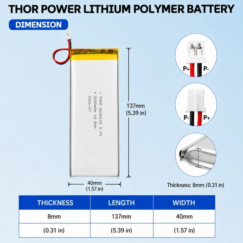 THOR 8040135 3.7V 5000mAh LiPo battery dimension drawing showing T×W×L = 8.0×40×137 mm (with PCM) and 2-pin connector polarity