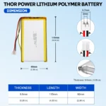 THOR 9060113 3.7V 10000mAh LiPo battery dimension drawing showing T×W×L = 9.0×60×115 mm (with PCM) and 2-pin connector polarity