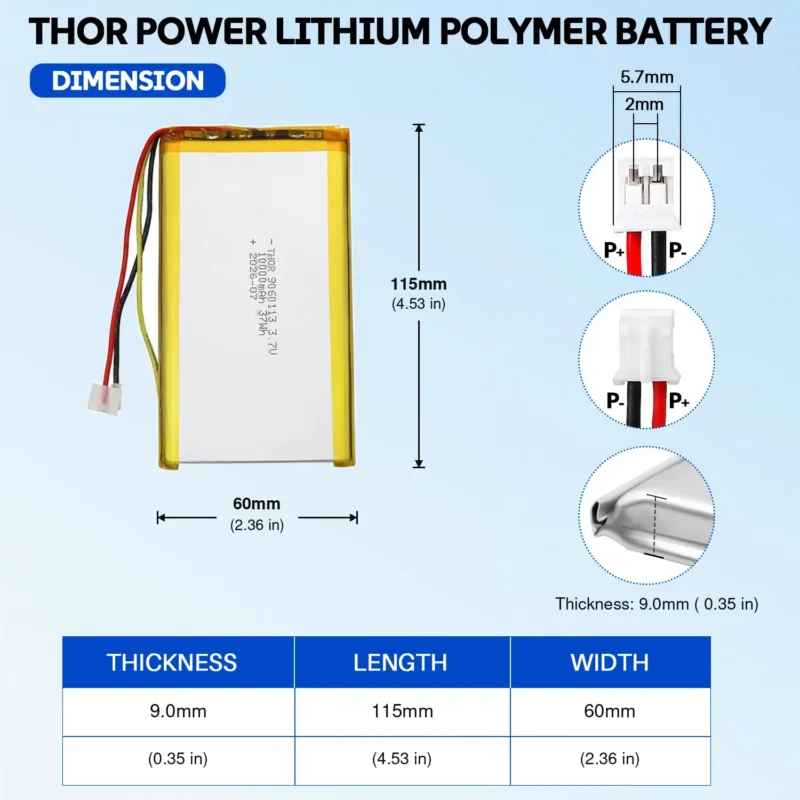 THOR 9060113 3.7V 10000mAh LiPo battery dimension drawing showing T×W×L = 9.0×60×115 mm (with PCM) and 2-pin connector polarity