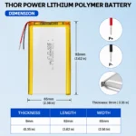 THOR 9065113 3.7V 10000mAh LiPo battery dimension drawing showing T×W×L = 9.0×65×115 mm (with PCM) and 2-pin connector polarity