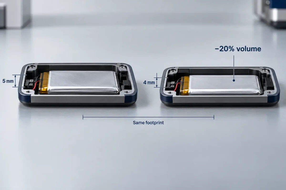 Wearable LiPo battery design comparison showing how reducing thickness from 5 mm to 4 mm cuts battery volume and raises required energy density