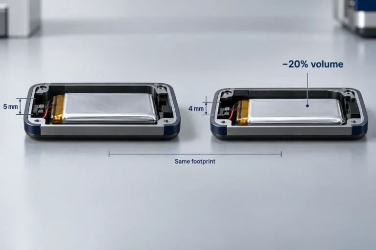 Wearable LiPo battery design comparison showing how reducing thickness from 5 mm to 4 mm cuts battery volume and raises required energy density