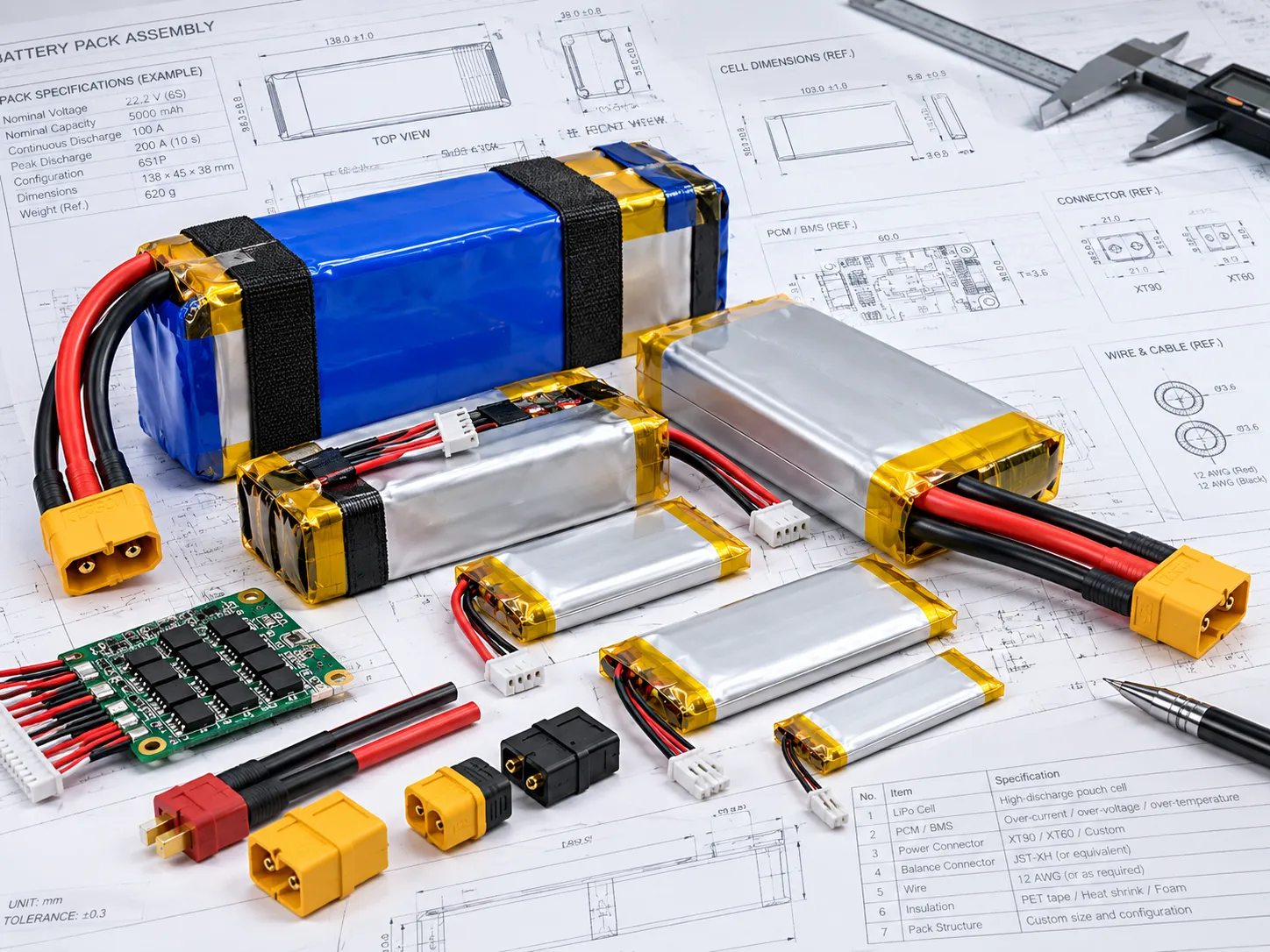 Custom high-discharge LiPo battery pack with high-current wiring and connectors
