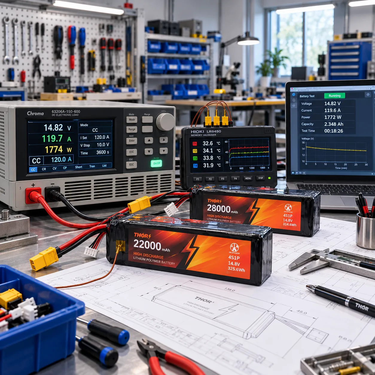 High-discharge LiPo battery prototype undergoing electrical load and temperature testing