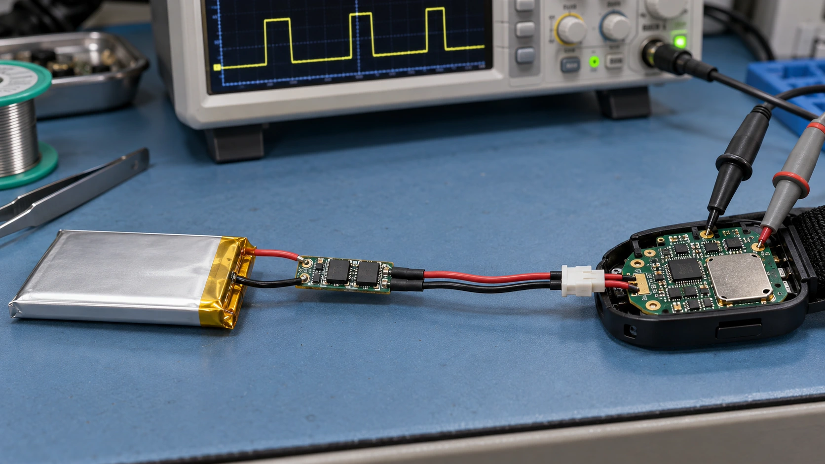 Wearable LiPo battery pulse-current path from cell to device PCB